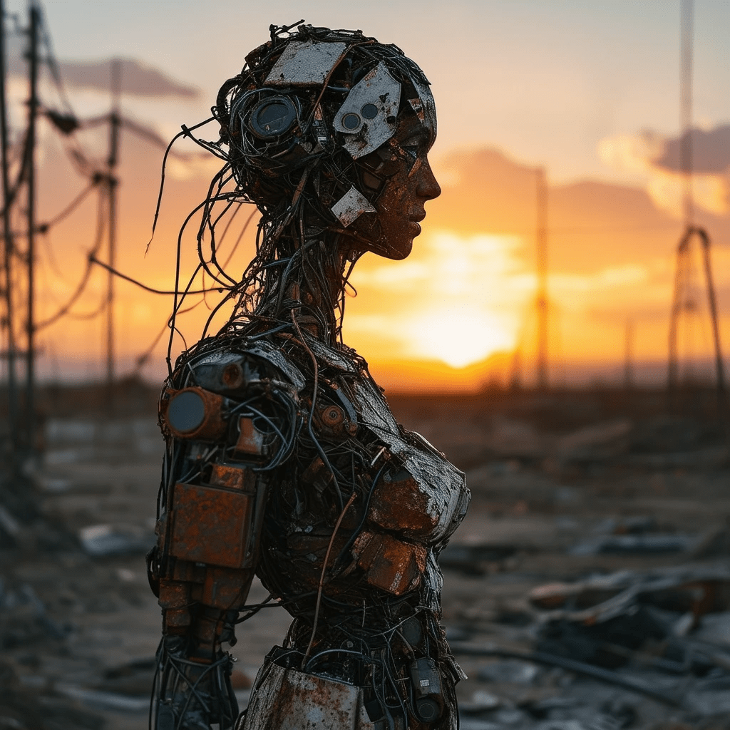 A post-apocalyptic woman created from a mosaic of scrap parts: discarded electronics, rusty metal, broken relics of old technology seamlessly assembled into a humanoid form. Set against a Mad Max-inspired backdrop, she stands tall in a desolate wasteland, embodying a fusion of chaos and innovation. The sun sets behind her, casting a haunting silhouette of wires and metal, showcasing a surreal blend of beauty and decay.