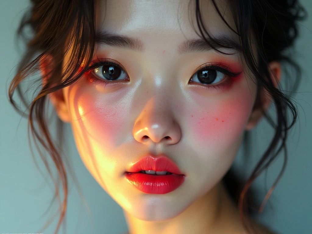 A high-fidelity portrait, posing a Chinese woman with rainbow-colored skin, interactive detailed lips, shiny black eyes, oriental aesthetics, hueFlow, smallest, center, amazing