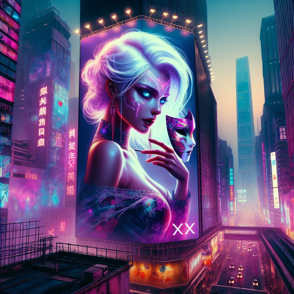 Cityscape in cyberpunk style Neo Tokyo. Highlight the skyscraper with a billboard depicting a beautiful slender girl model with white hair and expressive blue eyes in a stylish sexy suit emphasising gorgeous women’s shapes and holding a mask. The billboard says “XX LOVES YOU❤️”.