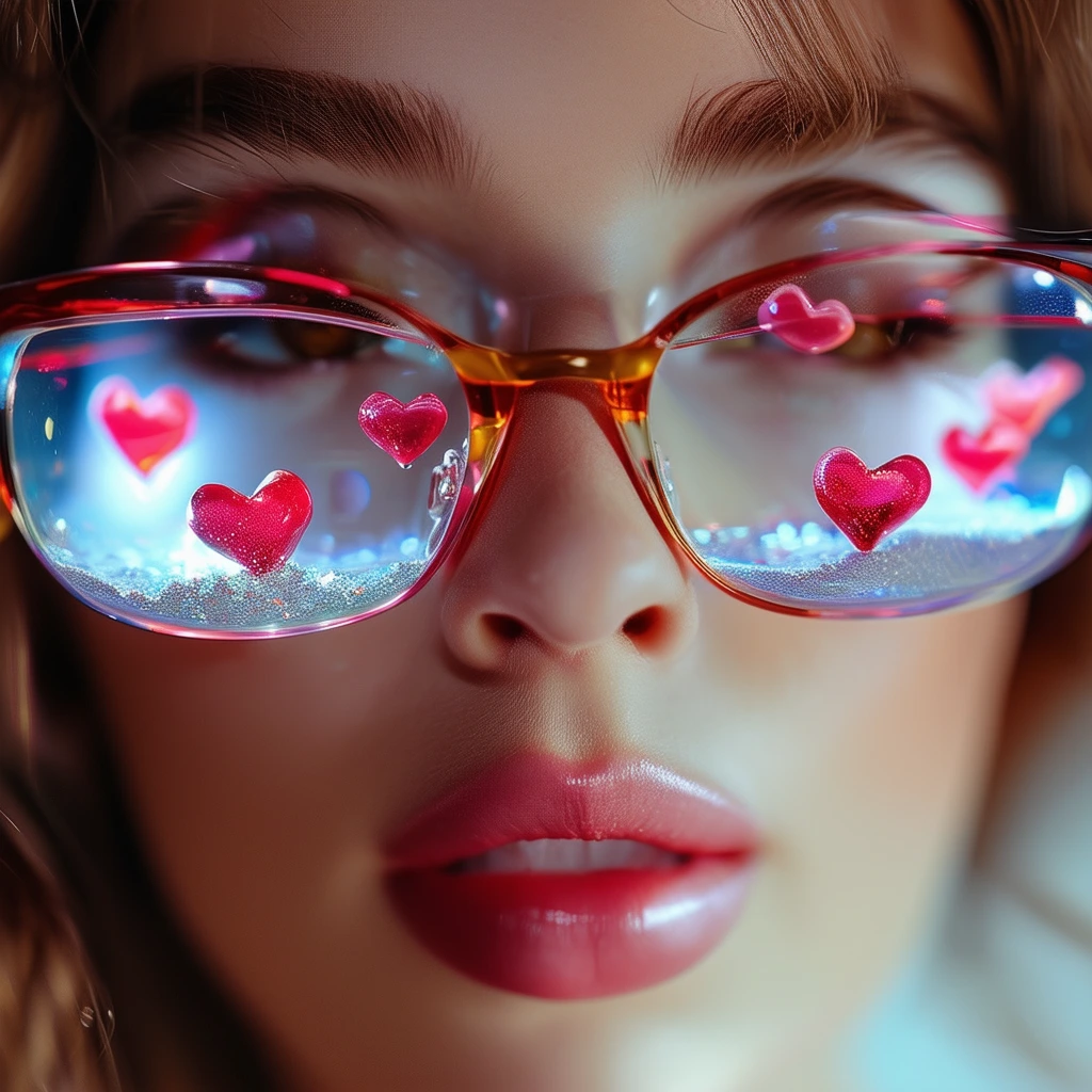 Close-up of a glamorous woman in glasses resembling tiny aquariums with floating hearts in them, filmed with high-quality lighting to improve her features. The depth of field is shallow, highlighting complex details with stunning clarity in 32k resolution.