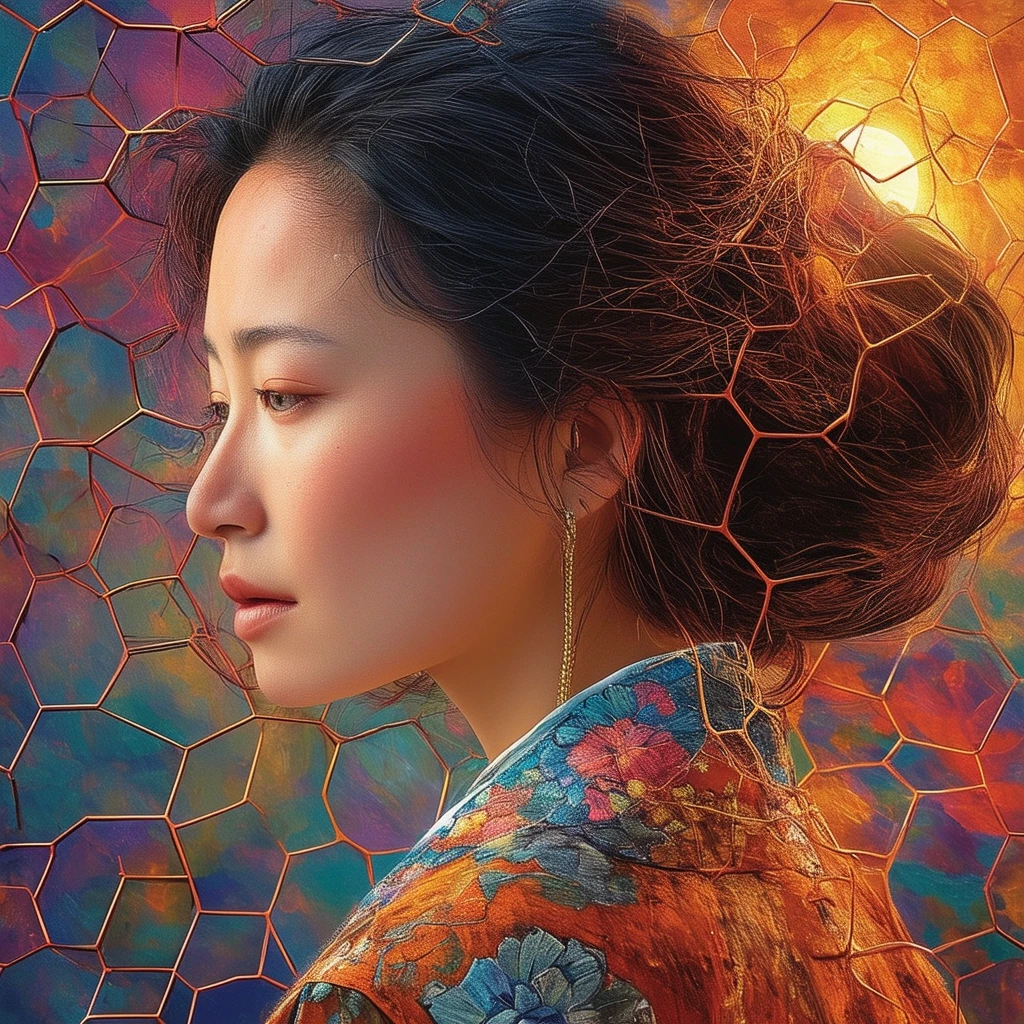 An ultra-detailed, textured oil painting by Gaugin, featuring a beautiful Asian woman, with lush, deeply colored incandescent hues of the dawn sky. Ornate style of Dr. Seuss, showcases a futuristic, meticulous surrealism creation with hexagonal tessellation, Voronoi Diagrams, and the Doppler effect. Utilizing the cutting-edge Octane Render technology, this artwork masterfully blends a whimsical scene inspired by Jakub Rozalski and Dr. Seuss, with elements of Salvador Dalí and Pablo Picasso.