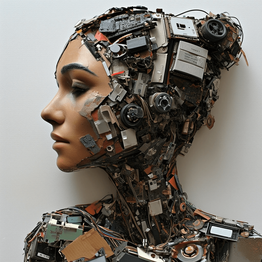 Create a woman pieced together from electronic parts,  gaming electronics and broken old archaic technology pieced together into a woman.