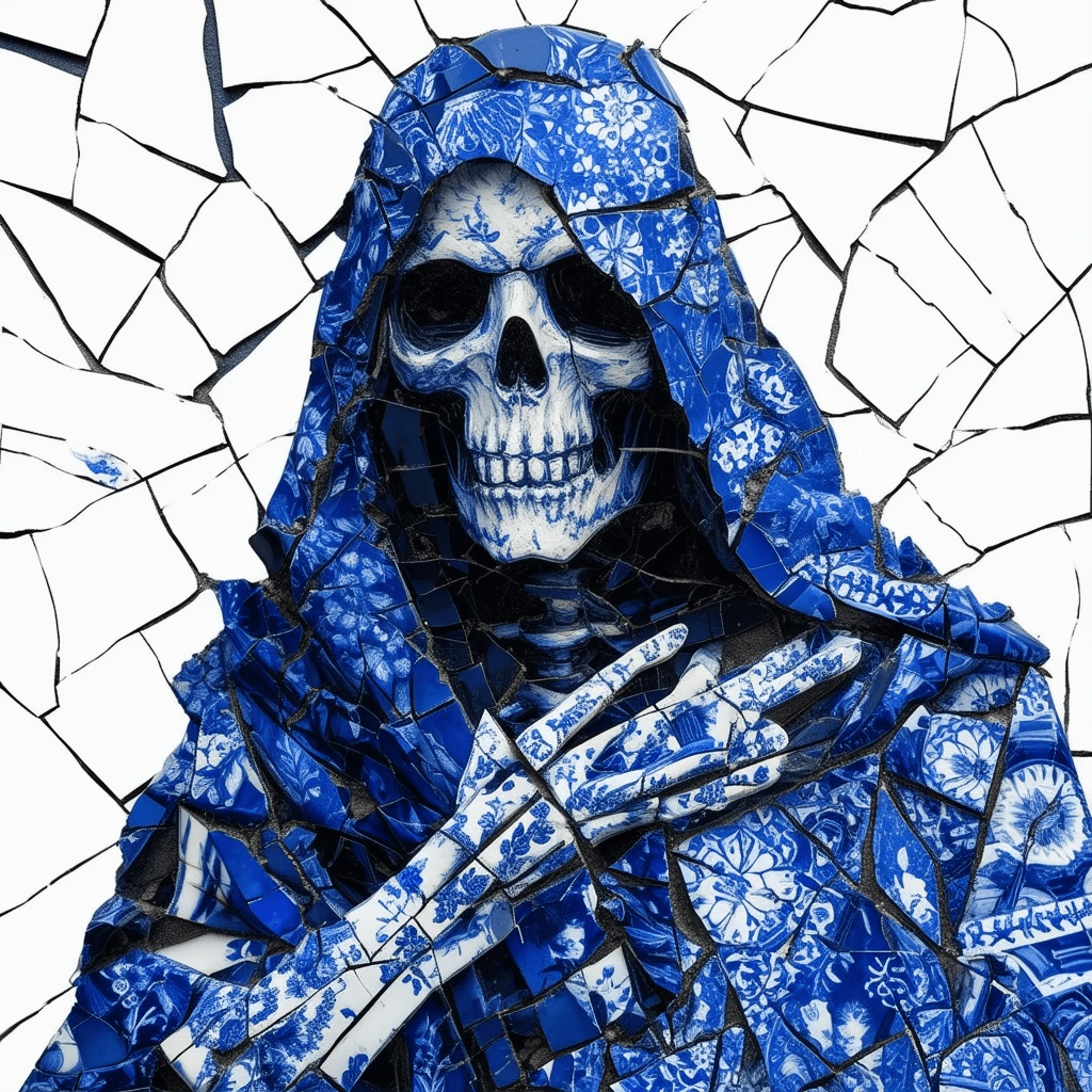 Create a portrait of grim reaper pieced together from broken delftware and chinaware.