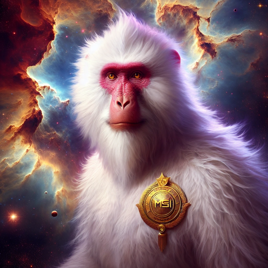 Create a digital painting of a beautiful Monkey floating around in space. using AI technology, on his chest is sign saying "MSI ", inspired by [albino white, dusty rose, and gold]. In deep dark space with a background of a vibrant Nebula.