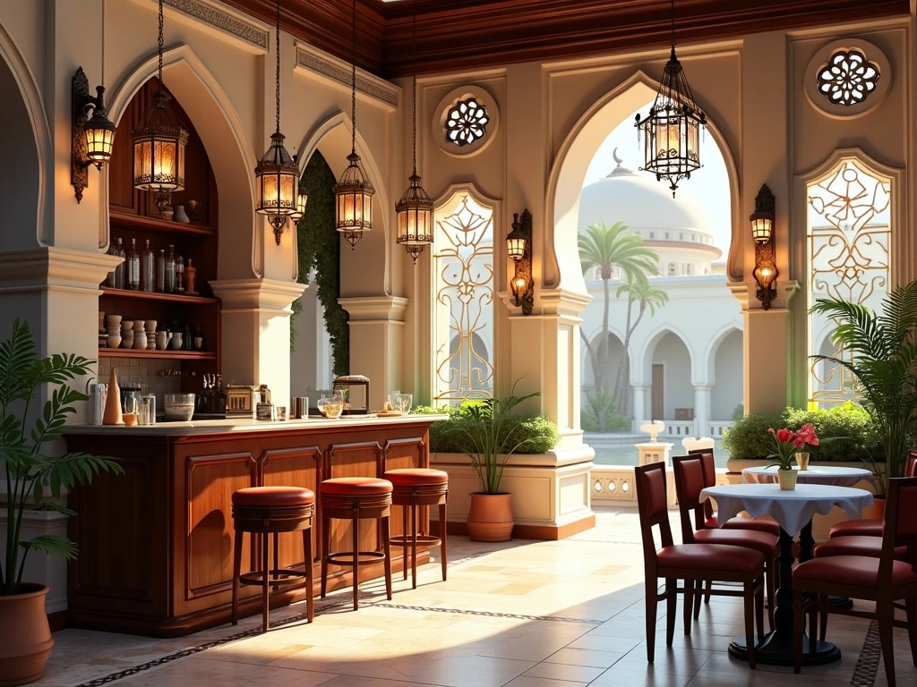 a hyper-realistic digital painting of a beautiful islamic Arabian style cafe at morning coffee