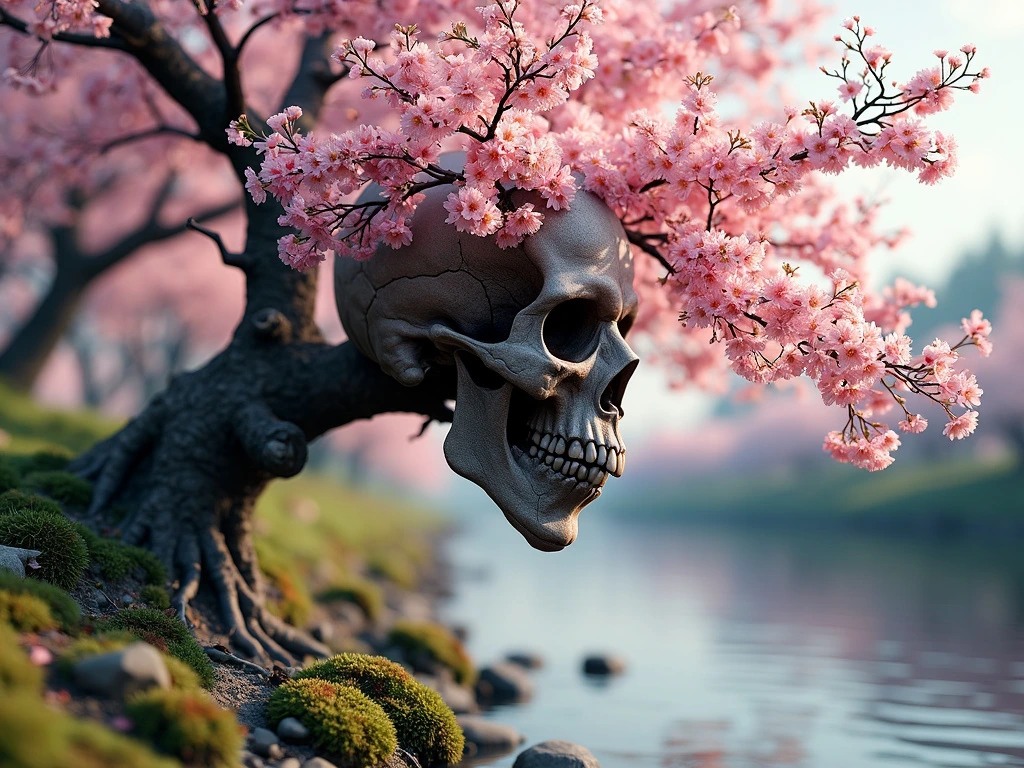 Generate a high-resolution, photorealistic image of a beautiful cherry tree in full bloom by a stream. The arrangement of windswept blossoms and boughs seems to hint at a demonic skull, as though through double exposure
, rendered in 8k resolution. In the style of Andy Goldsworthy and MC Escher