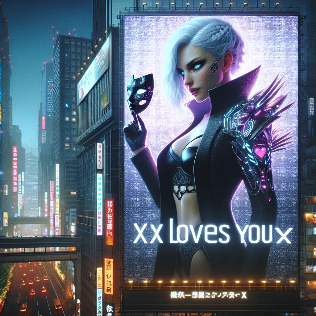 Cityscape in cyberpunk style Neo Tokyo. Highlight the skyscraper with a billboard depicting a beautiful slender girl model with white hair and expressive blue eyes in a stylish sexy suit emphasising gorgeous women’s shapes and holding a mask. The billboard says “XX LOVES YOU❤️”.