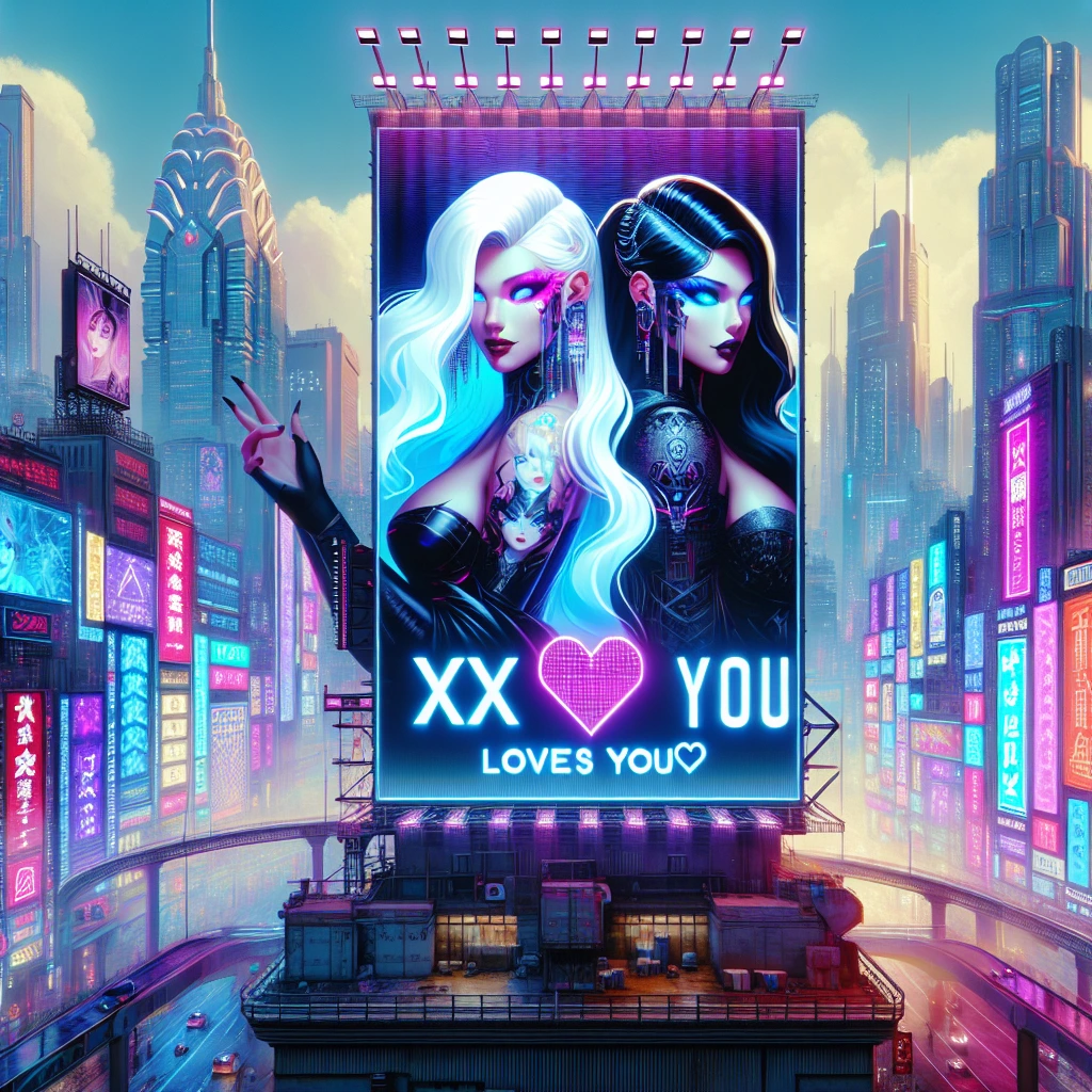 Cityscape in cyberpunk style Neo Tokyo. Highlight the skyscraper with a billboard depicting a two beautiful slender girls models with white and black hair and expressive blue eyes in a stylish sexy suit emphasising gorgeous women’s shapes and holding a mask. The billboard says “XX LOVES YOU❤️”.