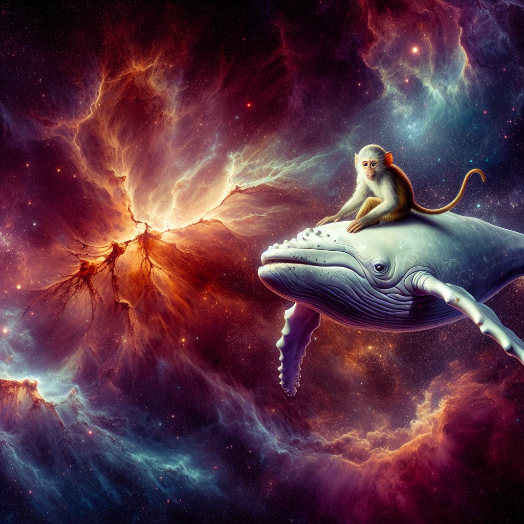 Create a digital sculpture of a beautiful Humpback whales with a monkey on its back swimming around in space. using AI technology, inspired by [albino white, dusty rose, and gold]. In deep dark space with a background of a vibrant Nebula.