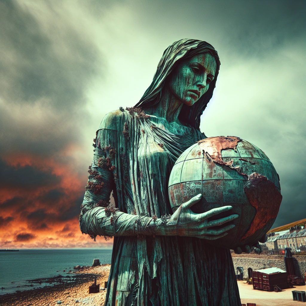 A life-size copper sculpture of a woman, standing solemnly in a desolate dystopian village by the ocean, holding a large orb representing a world in ruins. The sculpture is made of solid copper, aged with a dirty green patina, showing signs of wear and tiny flora growth. The backdrop features a dark, cloudy sky with an ombre of orange and red hues, creating an apocalyptic atmosphere. Captured with a 50mm lens, the intricate details of the sculpture are prominently displayed in high definition.