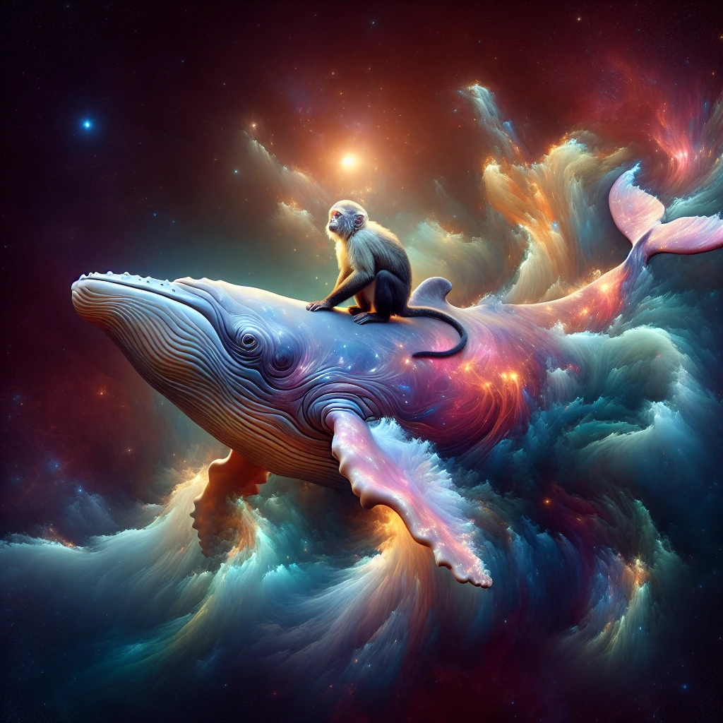 Create a digital sculpture of a beautiful Humpback whales with a monkey on its back swimming around in space. using AI technology, inspired by [albino white, dusty rose, and gold]. In deep dark space with a background of a vibrant Nebula.