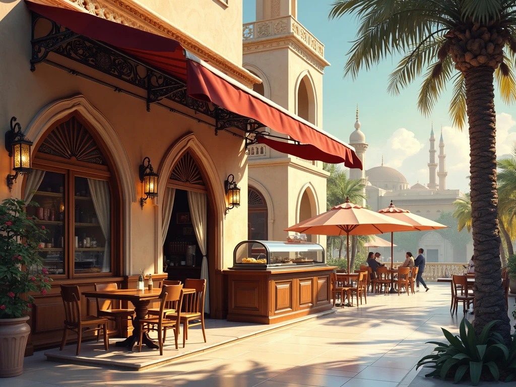 a hyper-realistic digital painting of a beautiful islamic Arabian style cafe at morning coffee