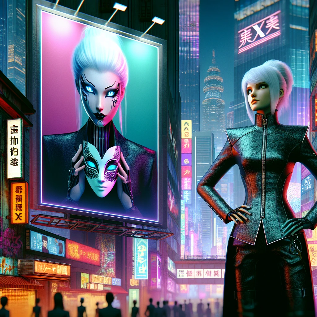 Cityscape in cyberpunk style Neo Tokyo. Highlight the skyscraper with a billboard depicting a beautiful slender girl model with white hair and expressive blue eyes in a stylish sexy suit emphasising gorgeous women’s shapes and holding a mask. The billboard says “XX LOVES YOU❤️”.