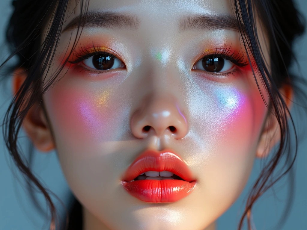 A high-fidelity portrait, posing a Chinese woman with rainbow-colored skin, interactive detailed lips, shiny black eyes, oriental aesthetics, hueFlow, smallest, center, amazing