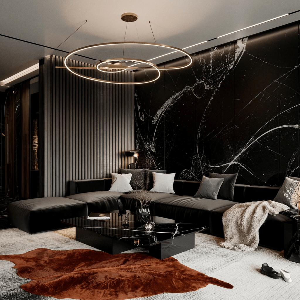 Interior, fractal-striped black and white luxurious living room with obsidian and sheepskin