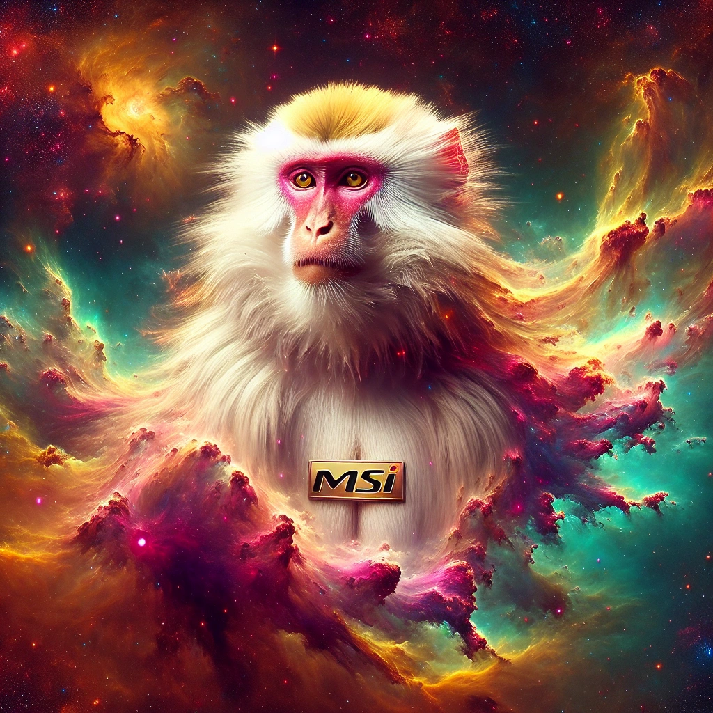 Create a digital painting of a beautiful Monkey floating around in space. using AI technology, on his chest is sign saying "MSI ", inspired by [albino white, dusty rose, and gold]. In deep dark space with a background of a vibrant Nebula.