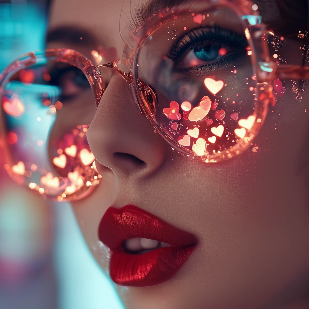 Close-up of a glamorous woman in glasses resembling tiny aquariums with floating hearts in them, filmed with high-quality lighting to improve her features. The depth of field is shallow, highlighting complex details with stunning clarity in 32k resolution.