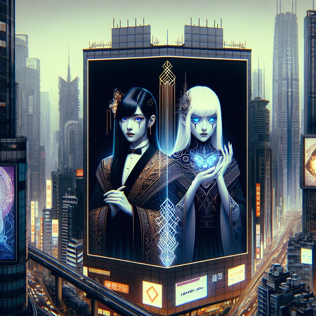 Cityscape in cyberpunk style Neo Tokyo. Highlight the skyscraper with a billboard depicting a two beautiful slender girls models with white and black hair and expressive blue eyes in a stylish sexy suit emphasising gorgeous women’s shapes and holding a mask. The billboard says “XX LOVES YOU❤️”.