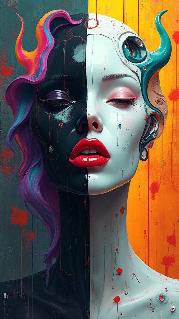 A surreal digital illustration of a stylized human face made up of abstract, fluid shapes, with a combination of smooth, flowing lines and sharp geometric edges. The left side of the face is formed by a mix of colorful, swirling liquid shapes in shades of purple, teal, and black, while the right side features a more rigid cybernetic, white, sculpted form with digital and mechanical features. The lips are bright red and glossy, positioned centrally, creating a striking focal point. The background is an eerie prison cell whit red graffiti that transitions from warm yellow-orange at the center to a darker shade at the edges, giving a glowing effect behind the abstract face. The overall style is futuristic and artistic, with a strong emphasis on contrast and symmetry.