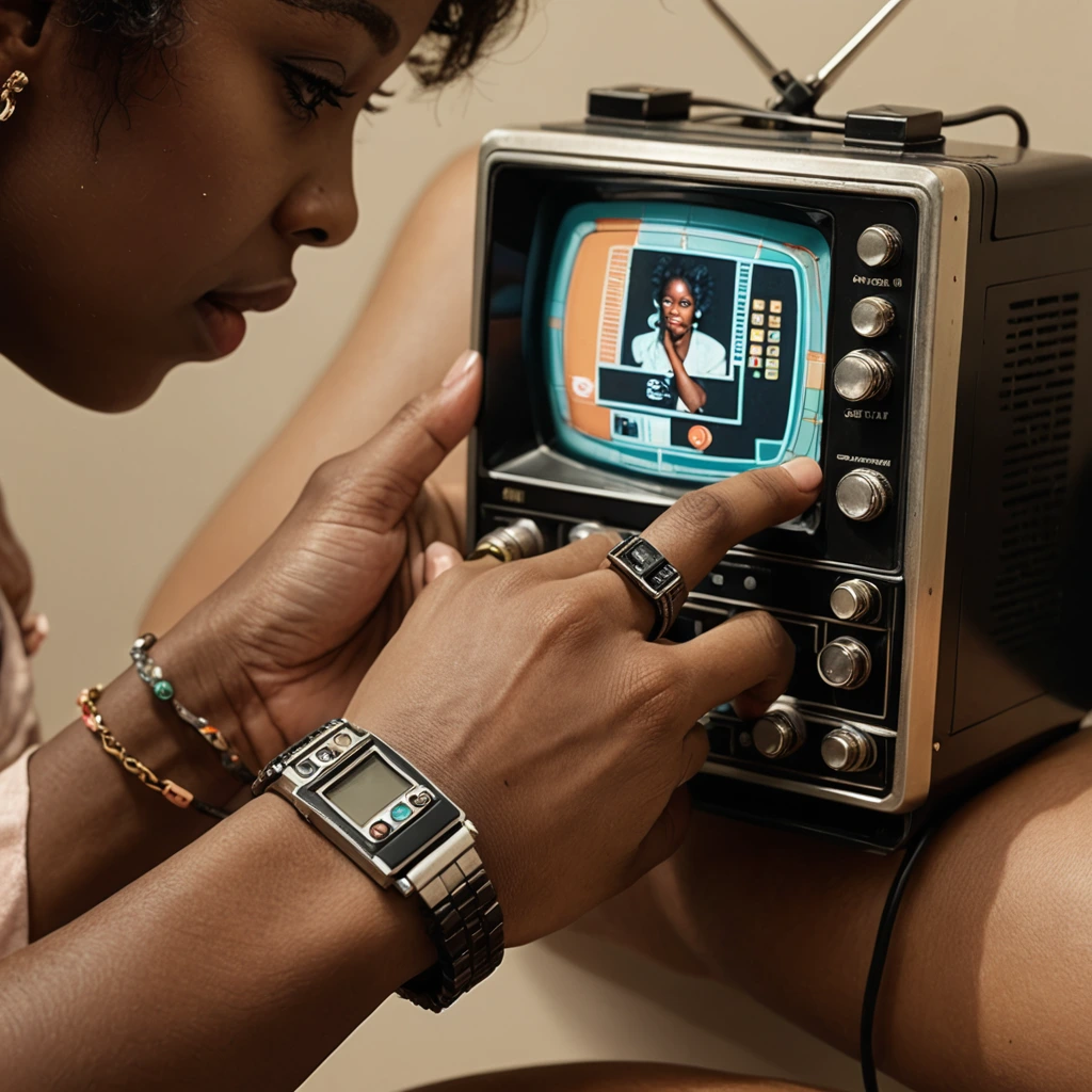 Close up shot, (( retro wrist computer with a tiny TV with cute black girls naked playing on it)), on a wrist, intricate detail, 32k