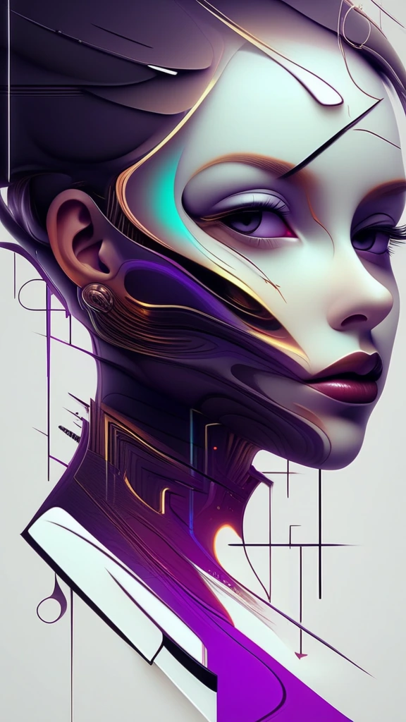 A surreal digital illustration of a stylized human face made up of abstract, fluid shapes, with a combination of smooth, flowing lines and sharp geometric edges. The left side of the face is formed by a mix of colorful, swirling liquid shapes in shades of purple, teal, and black, wet dripping down, while the right side features a more rigid cybernetic, white, sculpted form with digital and mechanical features. The lips are bright red and glossy, positioned centrally, creating a striking focal point. The background is an eerie prison cell red graffiti that transitions from warm yellow-orange at the center to a darker shade at the edges, giving a glowing effect behind the abstract face. The overall style is futuristic and artistic, with a strong emphasis on contrast and symmetry.