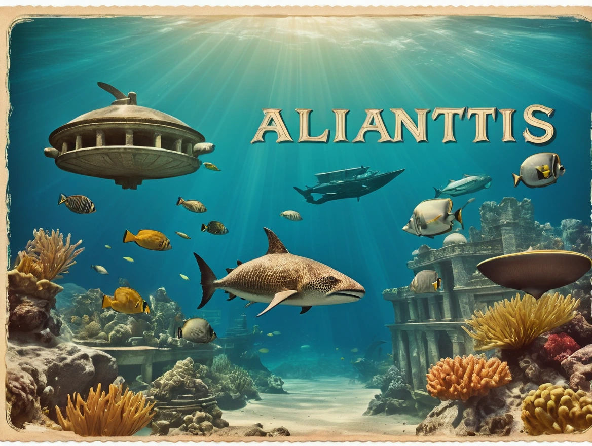 Underwater Postcard with text "Atlantis", vintage postcard style,