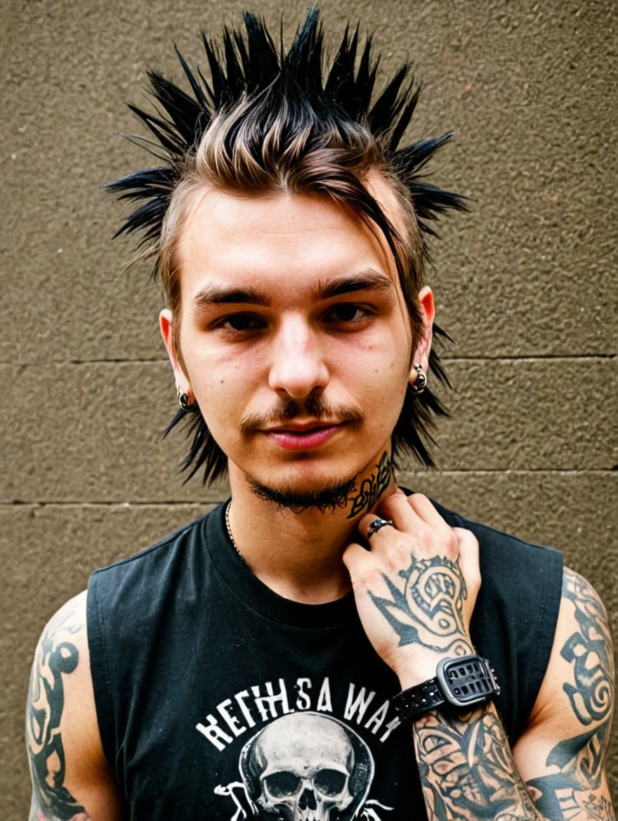 A male punk rocker with tattoos & a mohawk