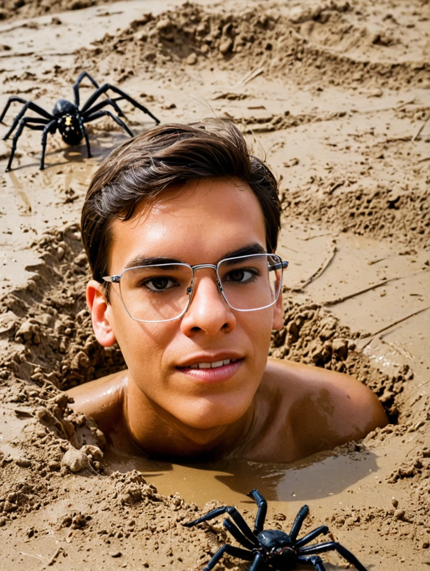 sinking in quicksand with large spiders crawling