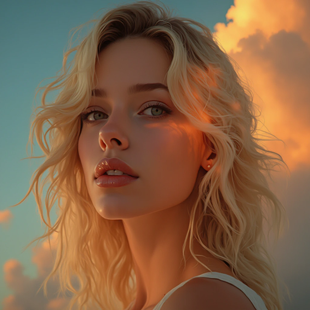 Close-up portrait of a woman wearing modern Top and Short,  Half her face is warm-toned, half cool-toned. Dramatic clouds in shades of orange and blue surround her. Hyper-realistic digital painting style. The woman has full lips and wavy blonde hair. Intense contrast and vivid colors. Surreal and dreamlike atmosphere. 32 K resolution, highly detailed.