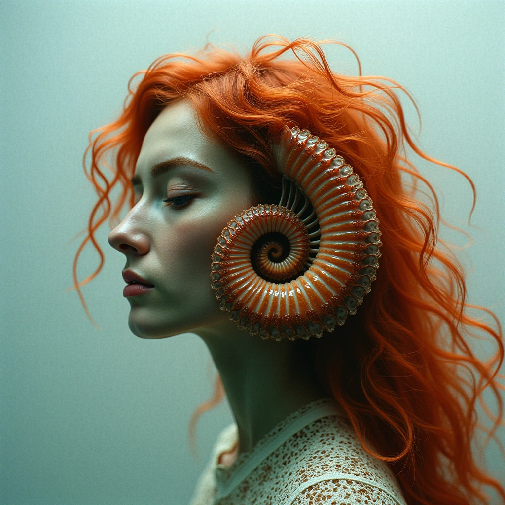 Double exposure style ,one layer showing a nautilus the other layer showing a woman's  portrait with long red hair surrealist style, fantastical, magical, unexpected, super detail, dreamy lo-fi photography, colorful