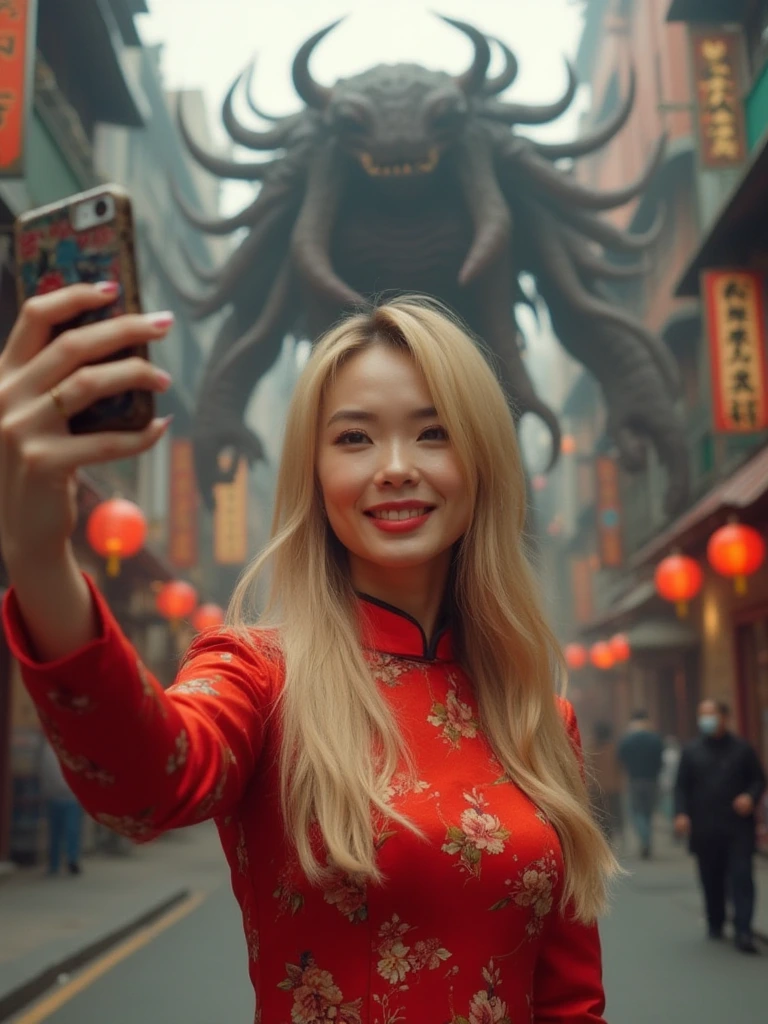 A Chinese woman with long blonde hair, clad in a vivid red cheongsam dress, strikes a confident pose on a vibrant city street. With a surprising turn of events, a daunting creature reminiscent of "Stranger Things" emerges in the background, its eerie tentacles reaching towards her with a supernatural aura. The high-quality image showcases dynamic lighting and a cinematic composition, seamlessly blending reality with a thrilling touch of the fantastical. The woman captures a selfie, unfazed by the monster looming behind her, both figures sharply in focus.