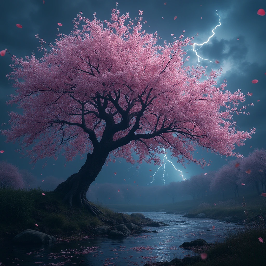 Generate a high-resolution, photorealistic image of a beautiful cherry tree in full bloom by a stream in a thunderstorm, petals floating and covering the surrounding ground. The arrangement of windswept blossoms and boughs against the stormy sky creates the illusion of a haunting visage in the canopy, a demonic skull-like shape formed by shifting light on the blossoms as the branches are blown by strong swirling winds.
, hyper-detailed, night, rendered in 8k resolution.