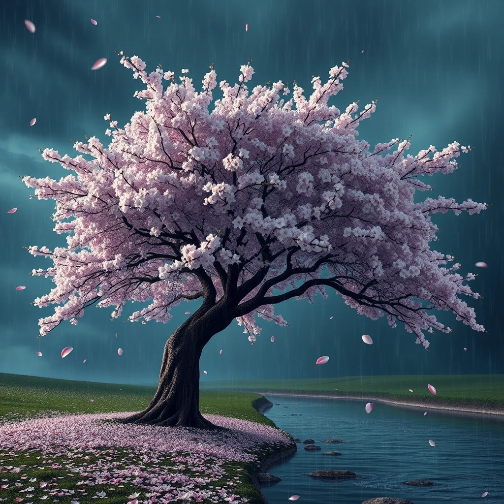 Generate a high-resolution, photorealistic image of a beautiful cherry tree in full bloom by a stream in a rainstorm, petals floating and covering the surrounding ground. The windswept canopy against the stormy sky shapes an illusion of a haunting visage, a demonic skull described by shifting light on the blossoms as the branches are blown by strong swirling winds.
, hyper-detailed, night, rendered in 8k resolution.