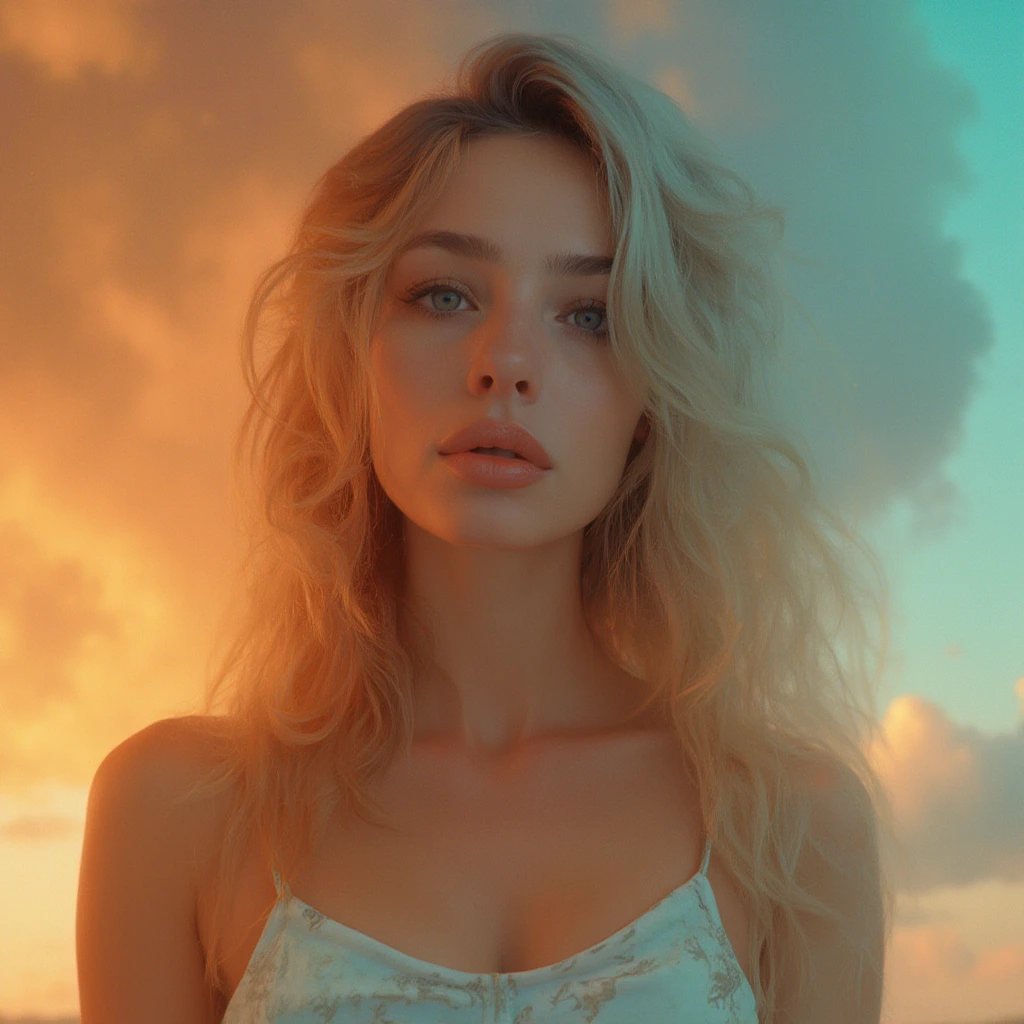 Close-up portrait of a woman wearing modern Top and Short,  Half her face is warm-toned, half cool-toned. Dramatic clouds in shades of orange and blue surround her. Hyper-realistic digital painting style. The woman has full lips and wavy blonde hair. Intense contrast and vivid colors. Surreal and dreamlike atmosphere. 32 K resolution, highly detailed.