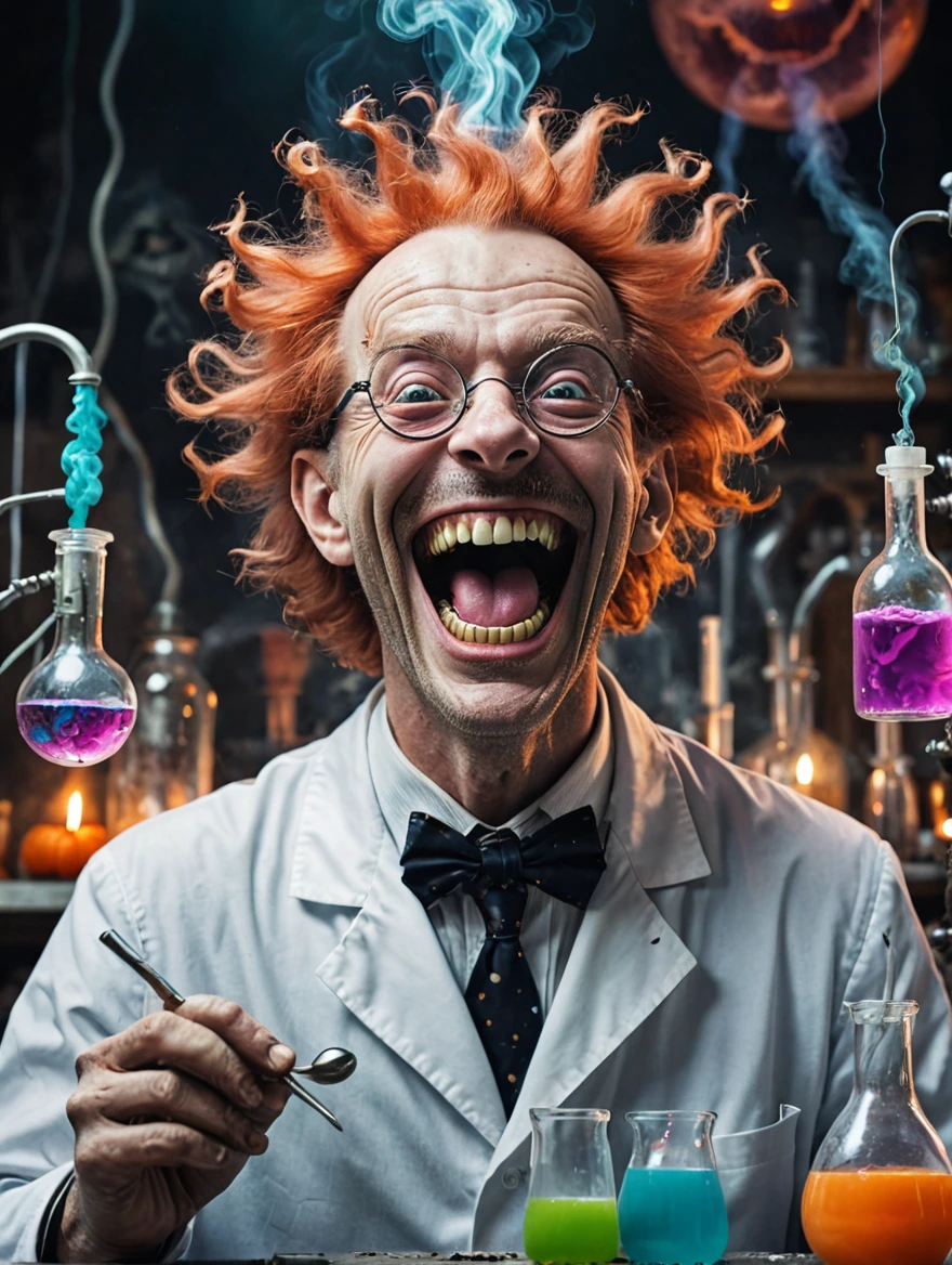 A mad scientist is laughing in joy at his monstrous creation spooky vibe, surrealist style, fantastical, magical, unexpected, super detail, dreamy lo-fi photography, colorful