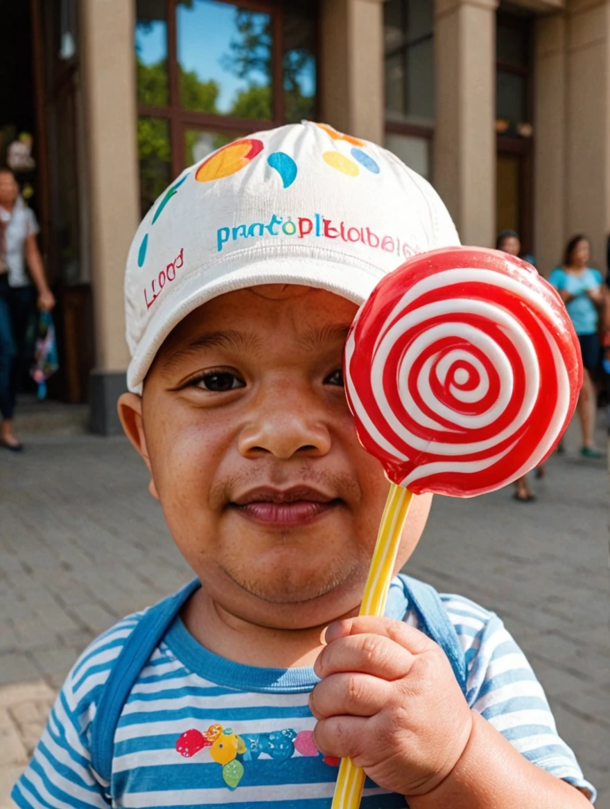 A baby holding a giant lolipop