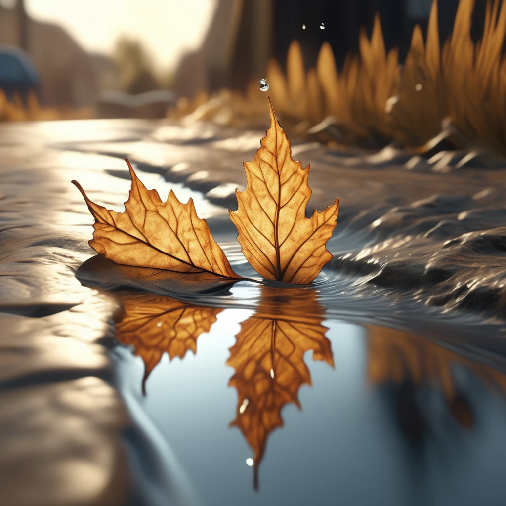 a dry leaf in the shap of a dancer falls delicately into a puddle of water creating a slight wave cinematic, epic realism,8K, highly detailed