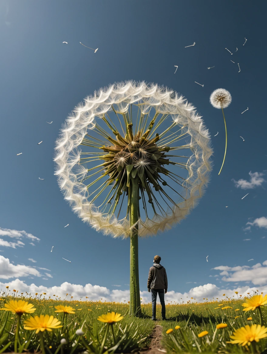 tiny man standing under a giant dandelion