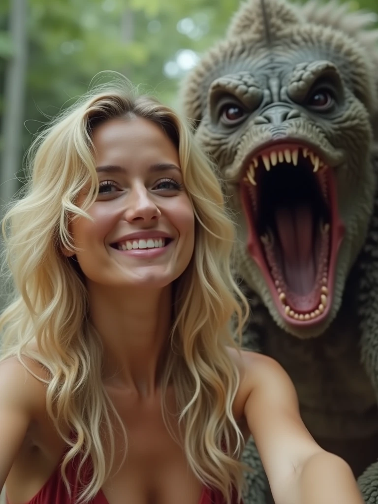 Blonde woman photobombed by a monster while taking a selfie