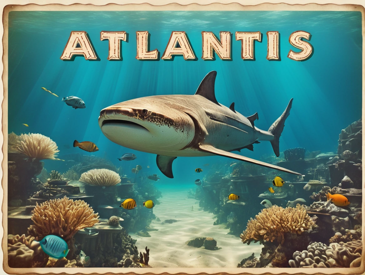 Underwater Postcard with text "Atlantis", vintage postcard style,