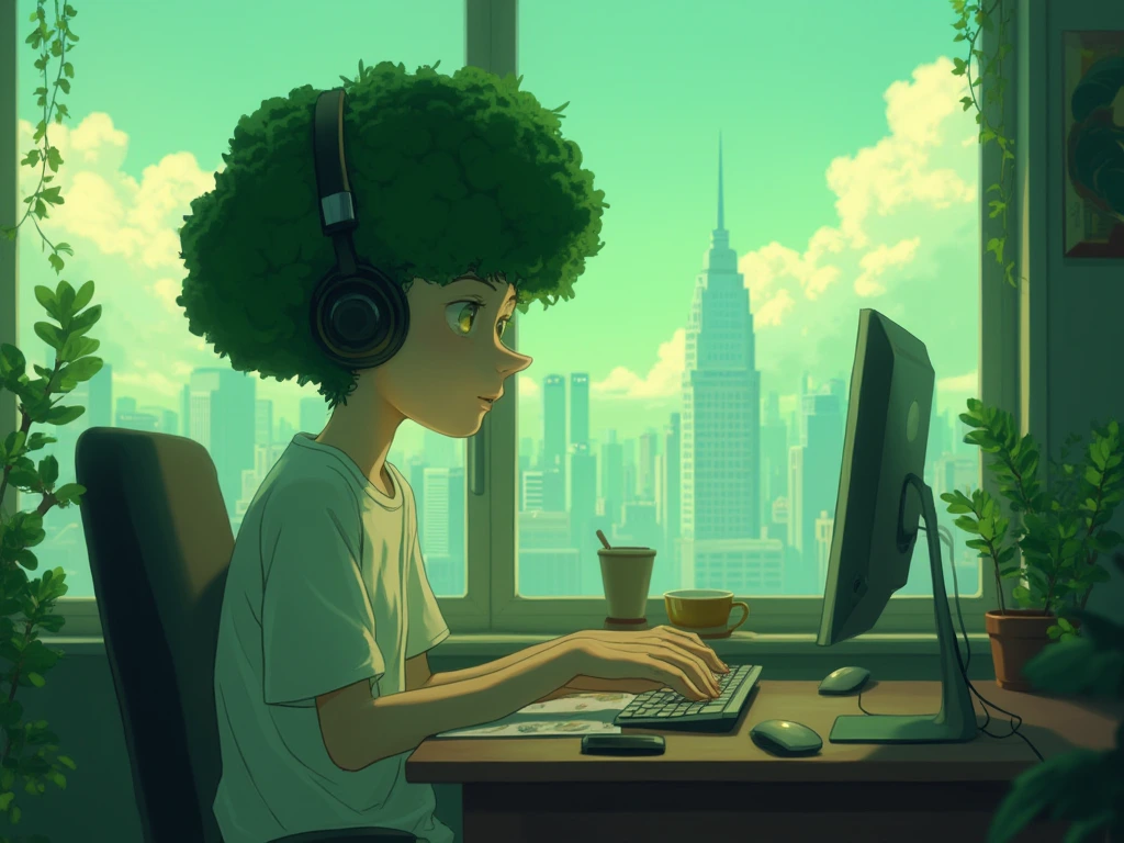 An anime-style illustration featuring an adult sweet looking broccoli wearing headphones and T-shirt as he works on his computer. Soft, warm lighting highlights of green, creating a cozy and nostalgic atmosphere. Through the window behind him, a bustling cityscape can be seen. In the top right corner, a touch of artistic flair adds to the overall stylish composition.