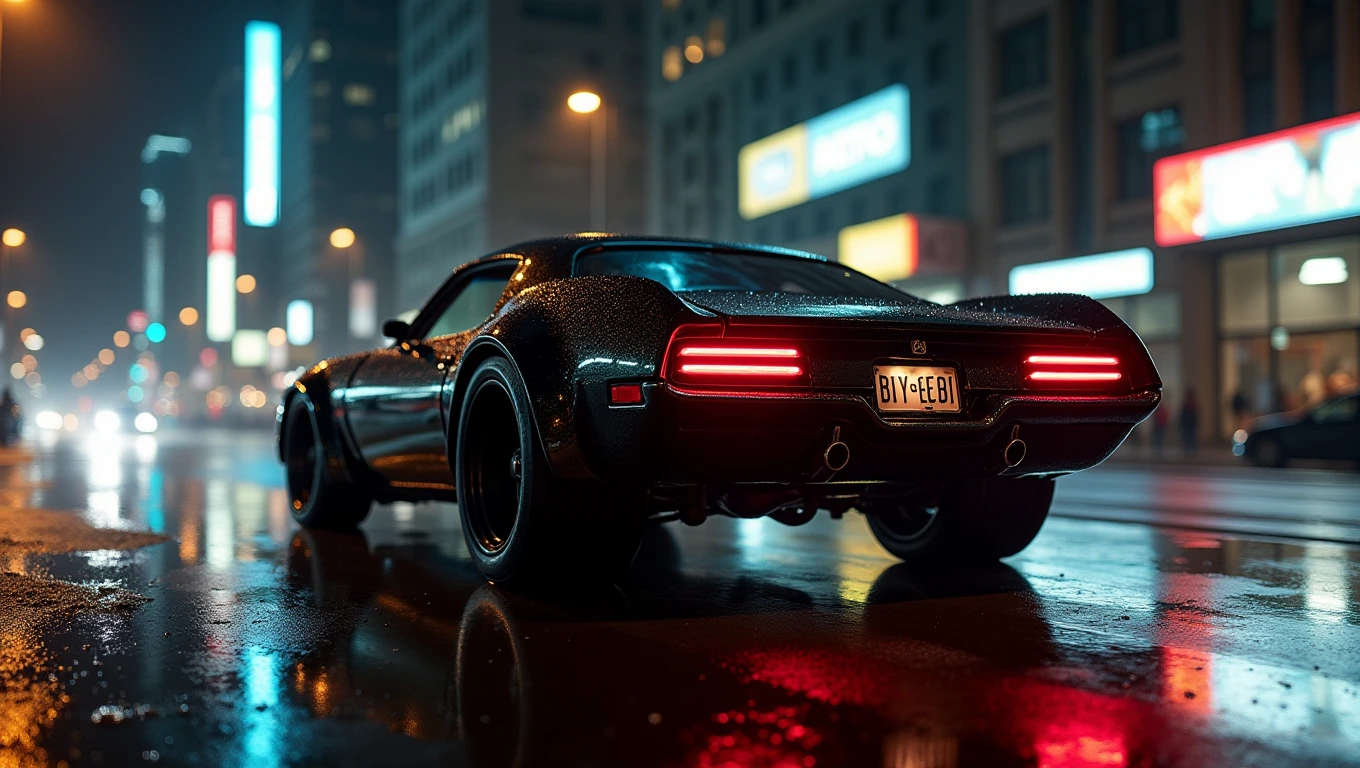 A sleek black musclepunk car with red taillights driving down a wet city street at night, reflecting the lights of the surrounding buildings and streetlights. Bulging muscles.