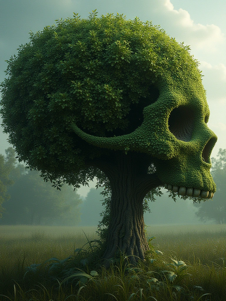 photo of a tree from a distance. The leaves form the very subtle shape of a skull. Extremely detailed hyperrealistic accurate photorealistic ektachrome Deep shadows