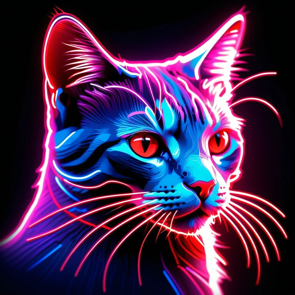 illustration in neon style depicting a cat, highlighted in vibrant crimson color, outlined with bright silver lines, on a dark blurred background, creating a striking and luminous effect.