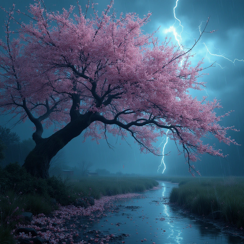 Generate a high-resolution, photorealistic image of a beautiful cherry tree in full bloom by a stream in a thunderstorm, petals floating and covering the surrounding ground. The arrangement of windswept blossoms and boughs against the stormy sky creates the illusion of a haunting visage in the canopy, perhaps a demonic skull-like shape formed by flash lighting on the blossoms as the branches are blown by strong swirling winds.
, hyper-detailed, night, rendered in 8k resolution.