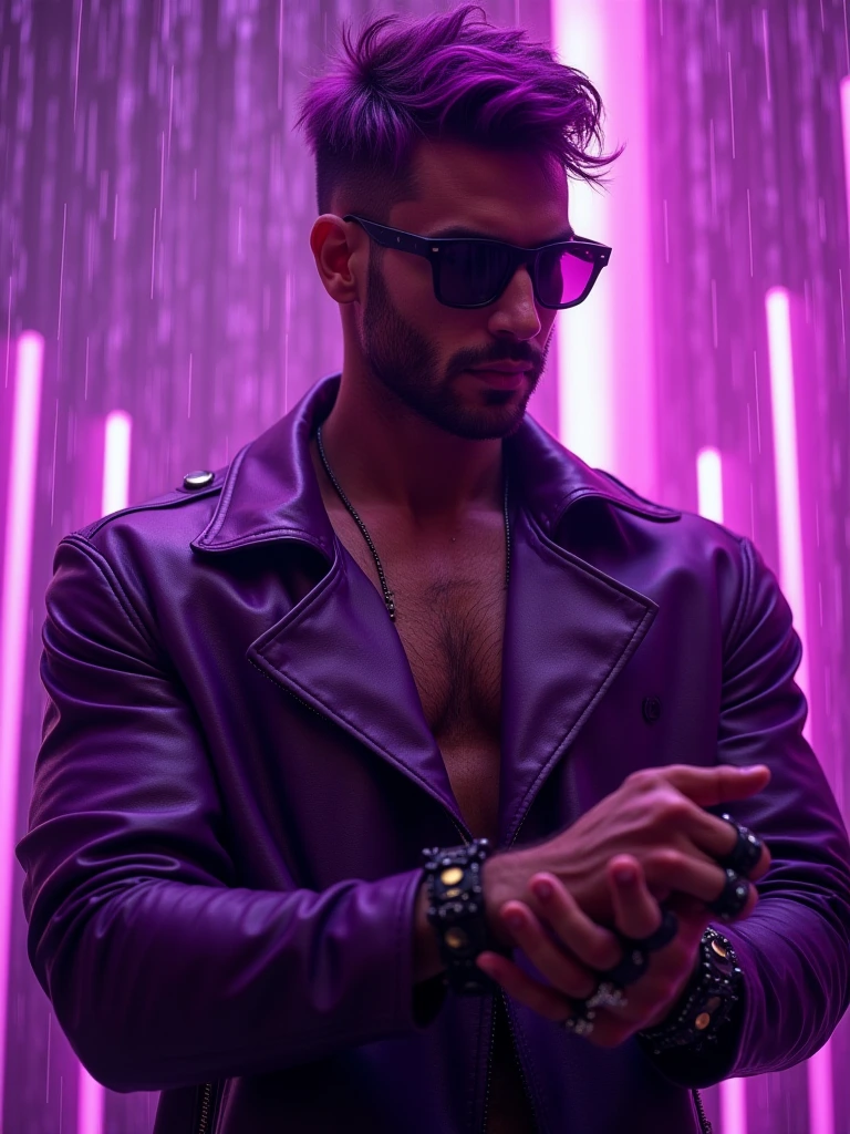 A handsome muscle shirtless man in Purple leather adorned with big black rings, virile, attractive, posing virile, muscle veins, wet, purple hair, short hair lit, estilized short beard, black leather sunglasses, powerful fashion poses, geometric, linear. Purple neon rain in the background. 8k hyper detailed