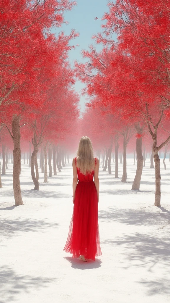 A whimsical and surreal photograph of a woman in a red dress walks in a white salt desert, surrounded by red tree inspired by Scarlett Hooft Graafland