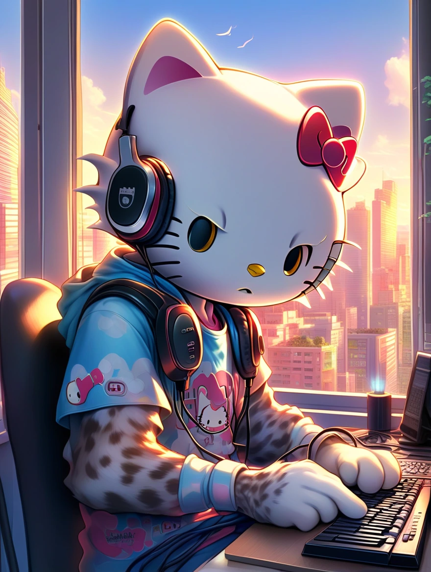 An anime-style illustration featuring a Hello-kitty wearing headphones and T-shirt as he works on his computer. Soft, warm lighting highlights his fur, creating a cozy and nostalgic atmosphere. Through the window behind him, a bustling cityscape can be seen. In the top right corner, a touch of artistic flair adds to the overall stylish composition.