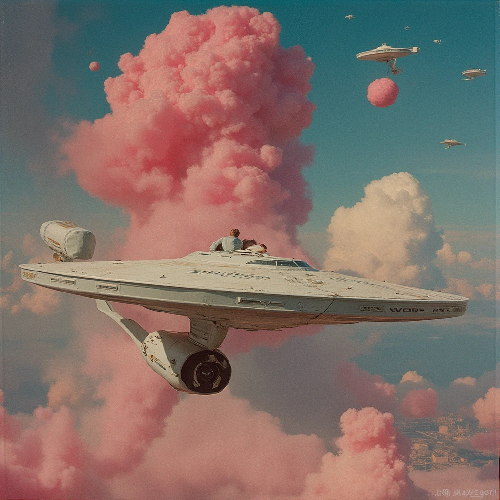 portrait shot of the starship USS Enterprise , Surreal Fashion lomochrome by Maurizio Cattelan, Asger Carlsen, minimalist collages, colorful realism, art nouveau inspiration, puffy shapes, otherworldly visions, precarious balance, baseline, doppler shift