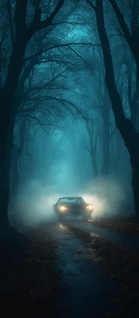 An astrophotograph of a creepy foggy tunnel formed by intermingled and tangled branches of tall trees, with a 1970s dodge charger zooming through the scene, close-up view from the dodge charger, kicking up a trail of autumn leaves from the road. The atmosphere is mystical and creepy  with soft, ethereal light filtering through the fog. The 1970s dodge charger's headlights cast beams through the mist, creating a sense of motion and speed. Stars faintly twinkle through gaps in the trees in the dark night, adding a cosmic, dreamy element to the otherwise eerie, distophian woodland setting.